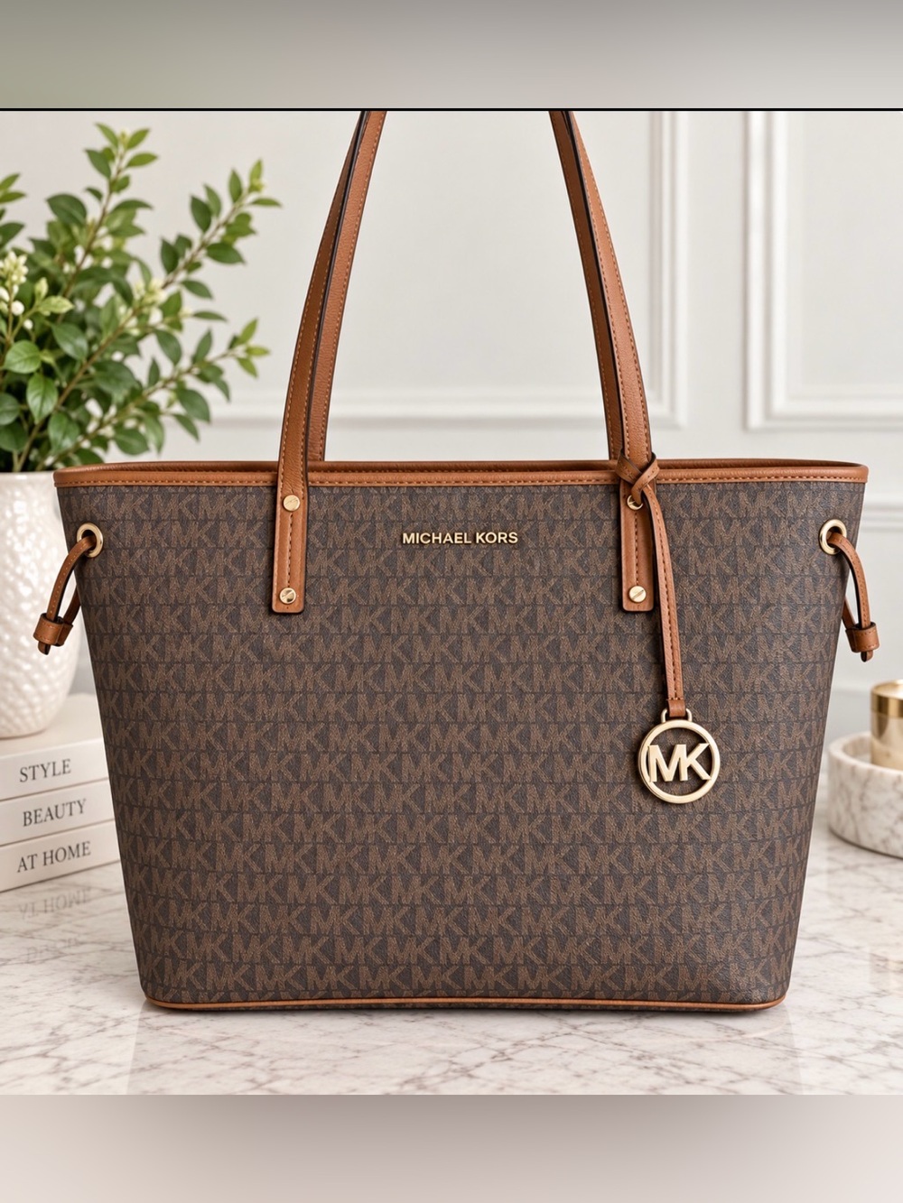 Michael Kors Large Brown Signature MK Monogram Tote Bag Gold Hardware